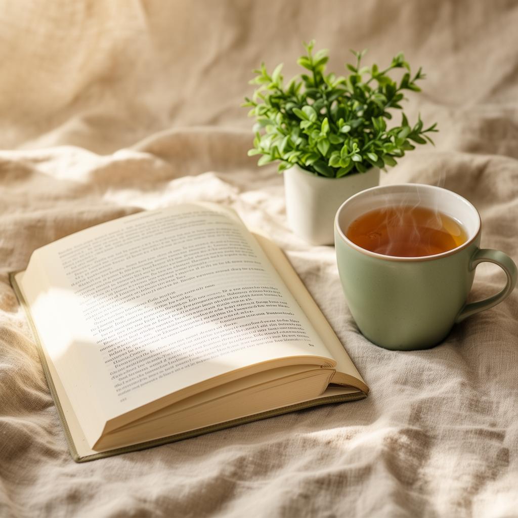 Open journal and tea on linen